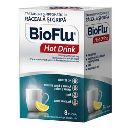 Bioflu Hot Drink 500 mg/200 mg/4 mg granule pentru solutie orala, 8 plicuri, Biofarm