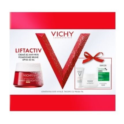 Pachet Cremă cu SPF 50 Liftactiv Pigment Specialist B3, 50 ml + Cremă de noapte Liftactiv Pigment Specialist B3, 15 ml + Fluid cu SPF 50+ Capital Soleil, 3 ml + Șampon anti-mătreață Dercos, 6 ml, Vichy